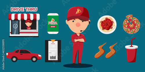 Set of delivery with pizza or fastfood in cartoon style