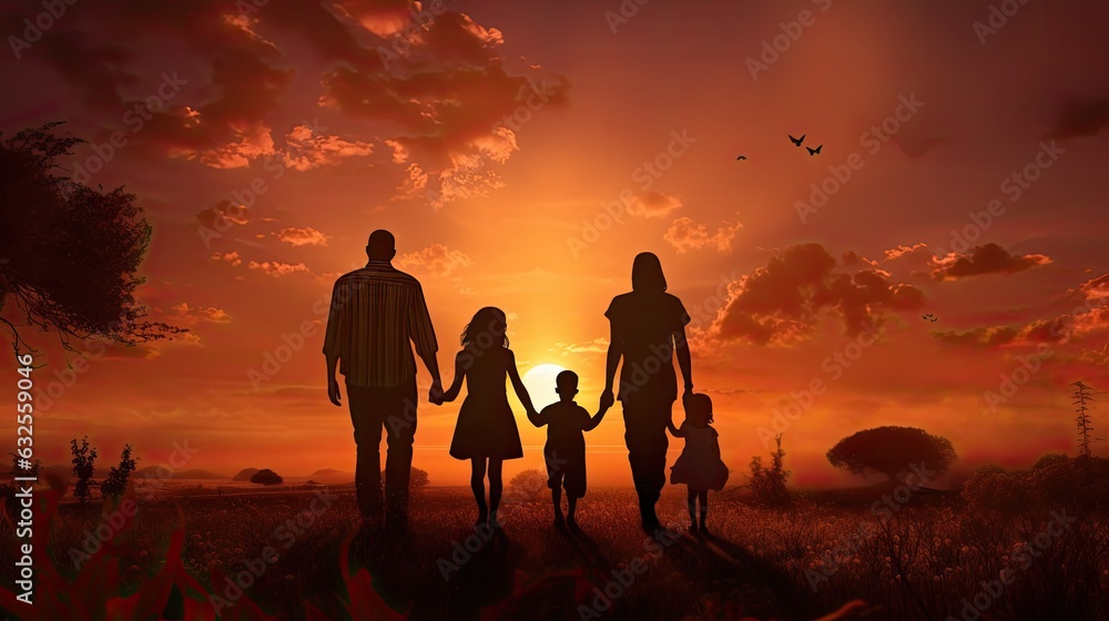 Happy family with children silhouetted against a sunset