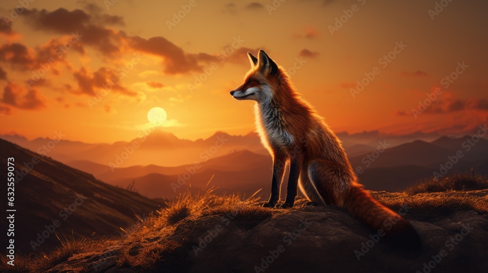 Sunrise on a hill with a fox shaped silhouette Sunrise on a hill with a fox shaped silhouette