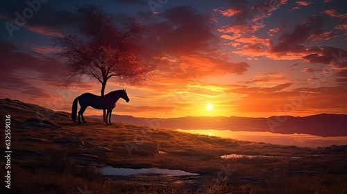 Sunrise with horse in the landscape