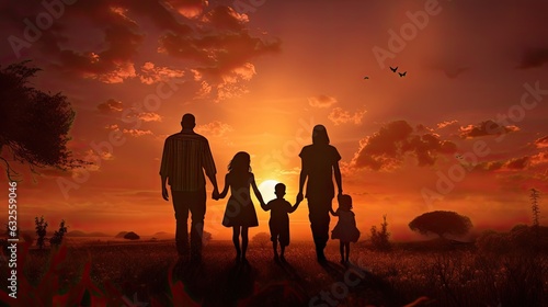 Happy family with children silhouetted against a sunset