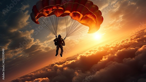 A solitary parachuter gracefully glides through the vibrant sky outlined by the setting sun