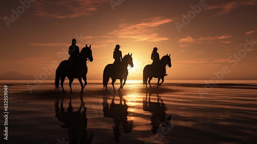 Elderly individuals riding horses by the shore © HN Works