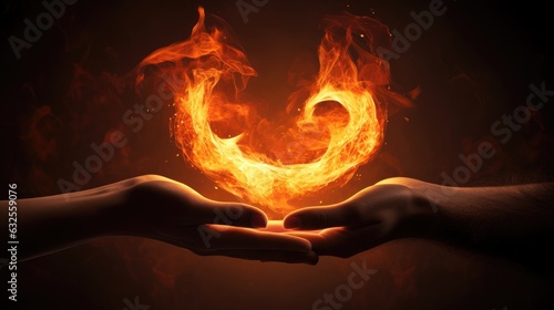 Hands forming a heart shaped fire silhouette after lovers contact photo