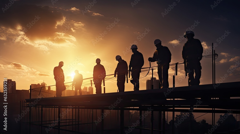 Fototapeta premium Silhouette of construction workers on building roof