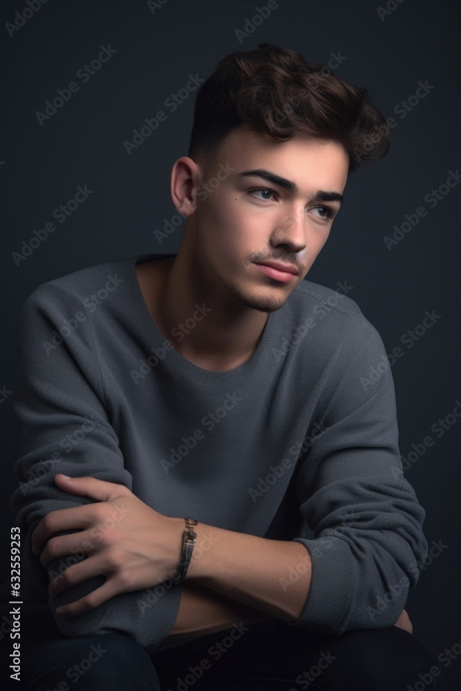 studio shot of a young man posing against a gray background
