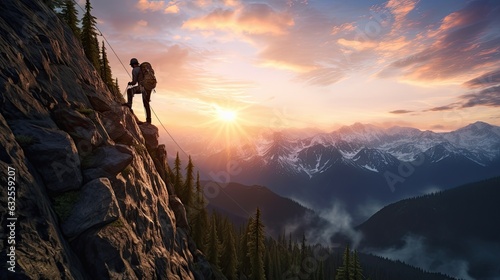 Adventure concept captured in a composite image of silhouette rappelling from a cliff at colorful sunrise or sunset showcasing stunning mountains in British Columbia Canada
