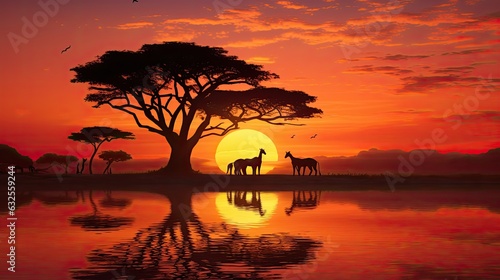 Masai Mara s typical African sunset with acacia trees and a giraffe family silhouetted against a setting sun reflected on water photo