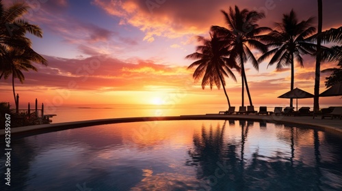 Picturesque tropical beachfront resort with an infinity pool overlooking a stunning sunset surrounded by palm trees © HN Works