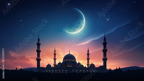 Islamic night with a mosque silhouette against a sunset sky moonlit and holy ambiance depicted in an Islamic wallpaper