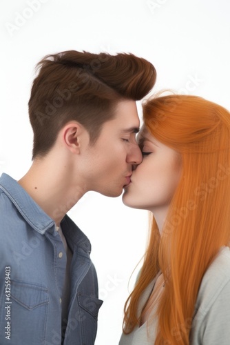 studio shot of a young couple kissing against a white background