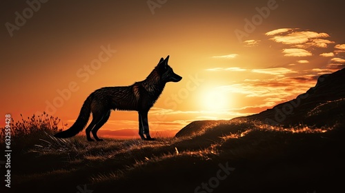 Sunrise on a hill with a fox shaped silhouette