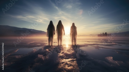 Three people against a frozen lake sky and sun