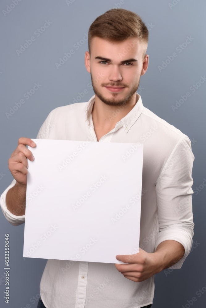portrait of a handsome young man holding out a blank poster portrait of a handsome young man holding out a blank poster