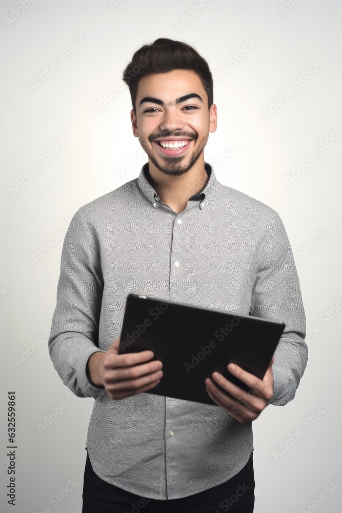studio shot of a young man holding up a digital tablet against a grey background studio shot of a young man holding up a digital tablet against a grey background
