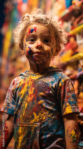 A delightful portrait of a young child covered in paint, a vivid testament to their artistic exploration and carefree creative spirit.
