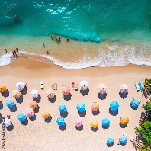 Aerial View From Flying Drone Of People Crowd Relaxing On Beach