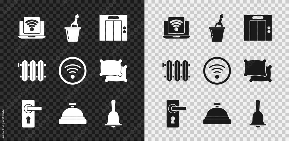 Set Wireless laptop, Champagne in an ice bucket, Lift, Door handle, Hotel service bell, Heating radiator and Wi-Fi wireless icon. Vector Set Wireless laptop, Champagne in an ice bucket, Lift, Door handle, Hotel service bell, Heating radiator and Wi-Fi wireless icon. Vector