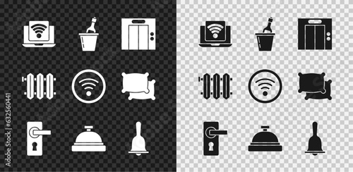 Set Wireless laptop, Champagne in an ice bucket, Lift, Door handle, Hotel service bell, Heating radiator and Wi-Fi wireless icon. Vector