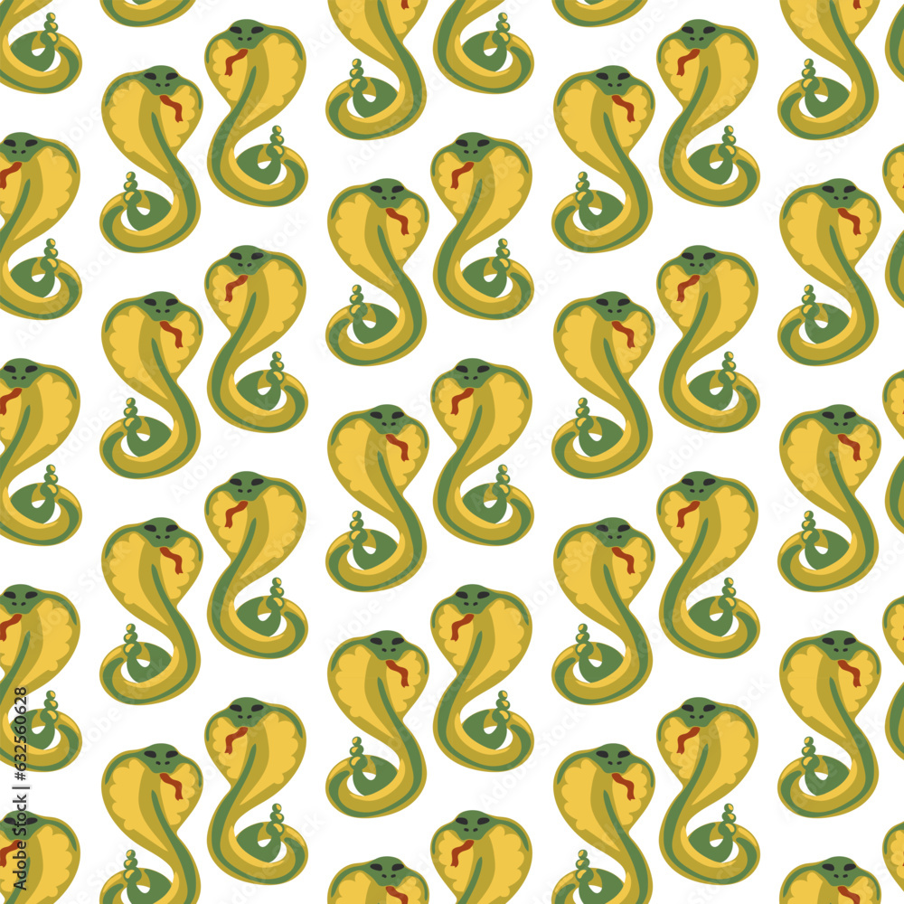 Cartoon cobra pattern in green shades. Vector seamless snake pattern on a white background. Vector illustration in the theme of western, desert