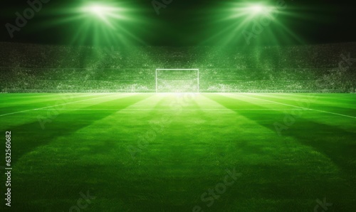 Green soccer field with bright lights in the back - Football stadium game night - Soccer net and goal © Digital dude