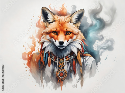illustration of a fox like Shaman rising in the smoke, Shamanic ritual, Power animal.