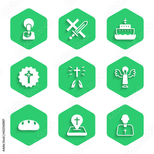 Set Hands in praying position, Location church building, Priest, Angel, Bread loaf, Christian cross, Ark of noah and Jesus icon. Vector