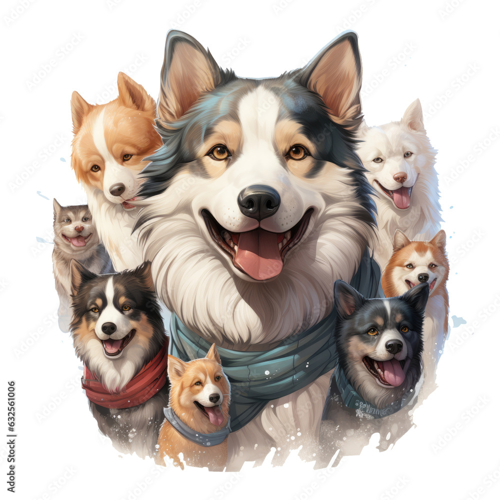 A whimsical Christmas Husky Dog t-shirt design capturing a Husky leading a parade of merry forest creatures, all dressed in festive attire, Generative Ai