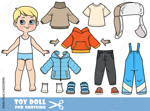 Cartoon blond boy - winter season - padded overalls, jacket, hat with ear flaps, sweater, boots and gloves. Doll for dressing