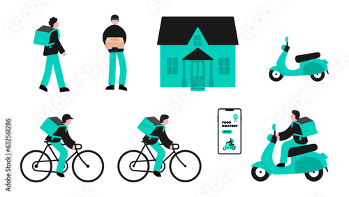 Food delivery characters illustration, food delivery driver, food delivery service.