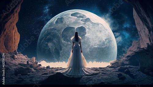 Fotografija The moon and Beautiful young woman in white dress stay on earth and watch starry