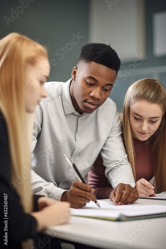 shot of a teacher helping two teenagers with their work in class