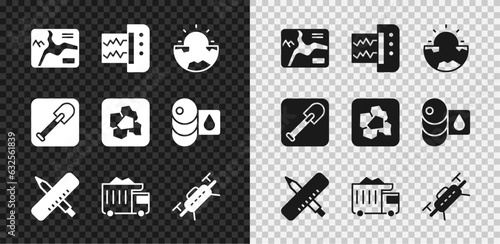 Set Topographic map, Seismograph, Earth core structure crust, Crossed ruler and pencil, Mining dump truck, Drone, Shovel and Gold nugget icon. Vector