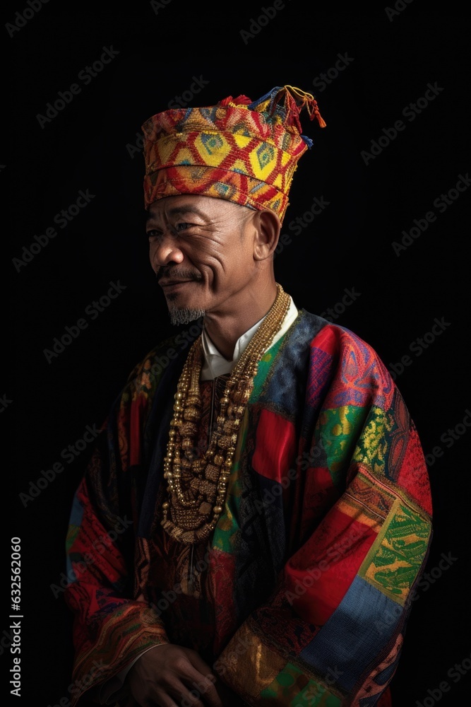 studio shot of a man wearing colorful traditional clothing against a dark background