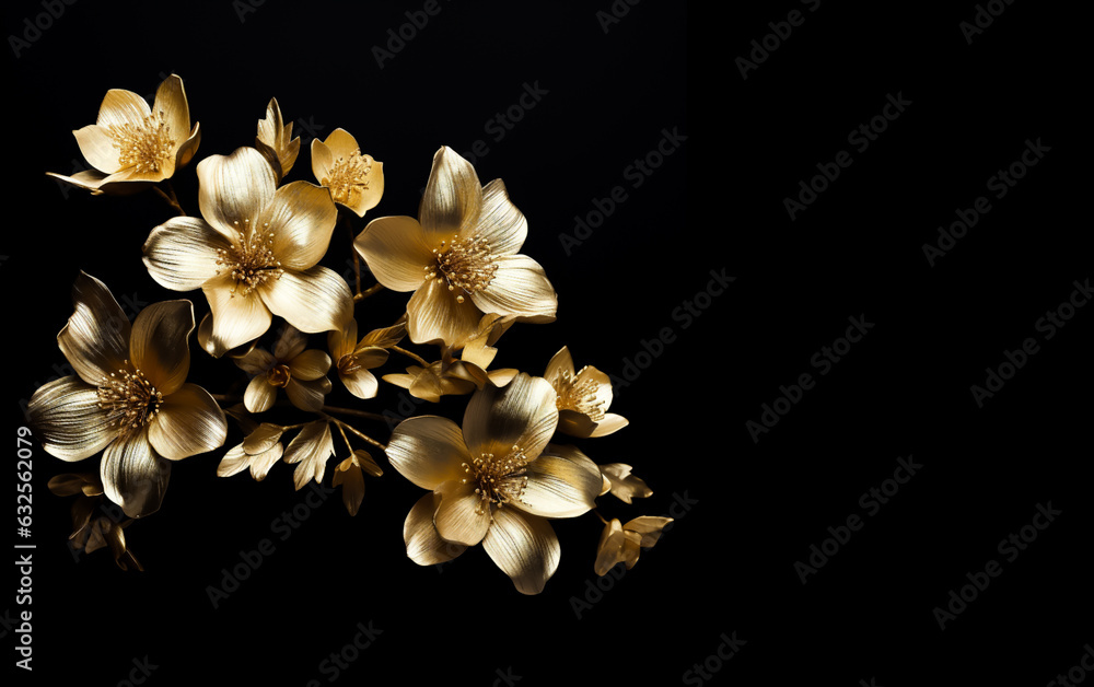 Gold plated flowers isolated on black background with copy space. Card, Gift, wallpaper or invitation. Gold plated flowers isolated on black background with copy space. Card, Gift, wallpaper or invitation.