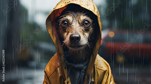 un chien en imperméable trempé sous la pluie pour illustrer l'expression : il fait un temp de chien