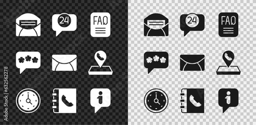 Set Mail and e-mail, Telephone 24 hours support, FAQ information, Clock, Phone book, Information, Speech bubble chat and icon. Vector