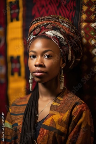portrait of a young woman standing in front of an ethnic background