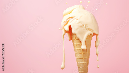 Vanilla ice cream cone on pink faded pastel color background. Vanilla ice cream in wafer cup. AI Generated