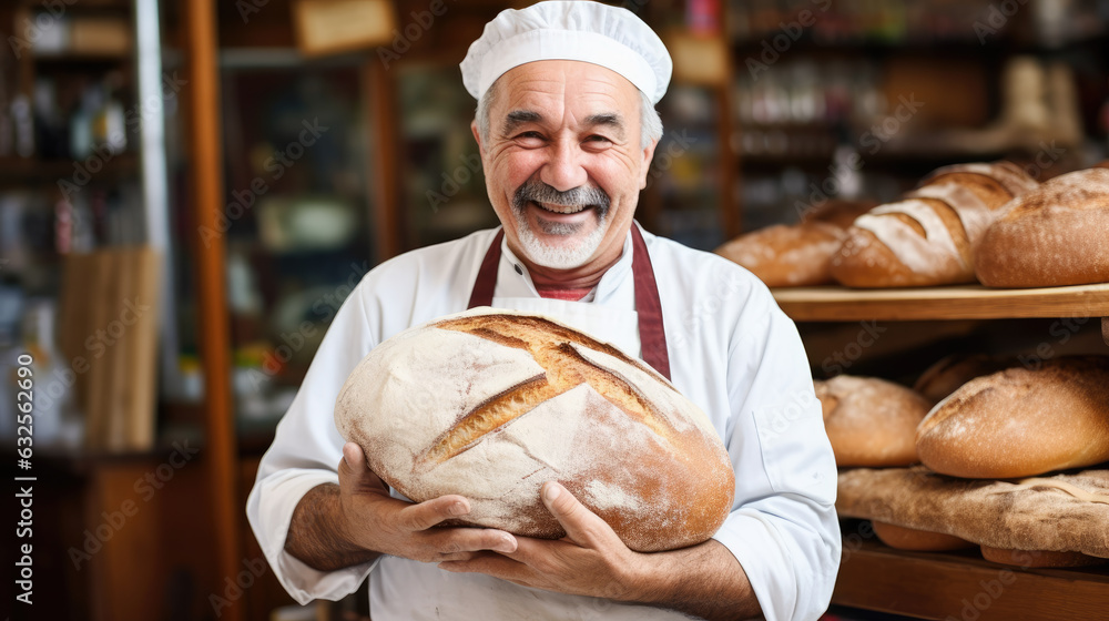 happy baker with big rustic bread on bakery