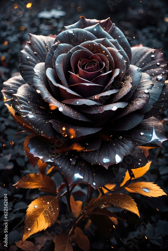 stary blackRose flower, splash arts, aesthetic for Tshirt design, highly detailed, darktone, ashes, embers photo