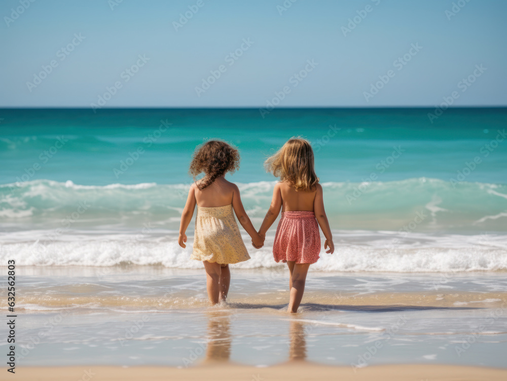 two little girls walking on beach shore in summer