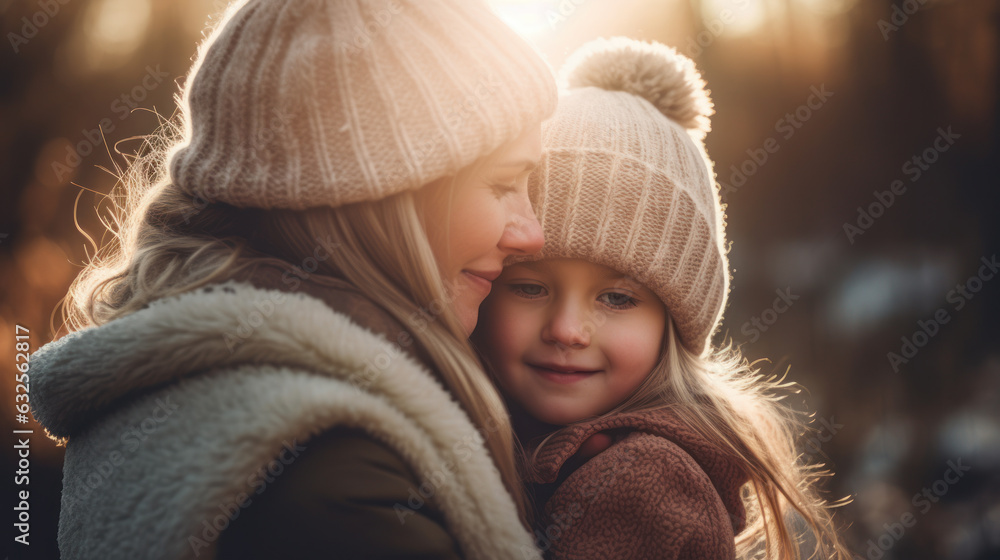 mother and daughter embracing each other in winter. mother and daughter embracing each other in winter.