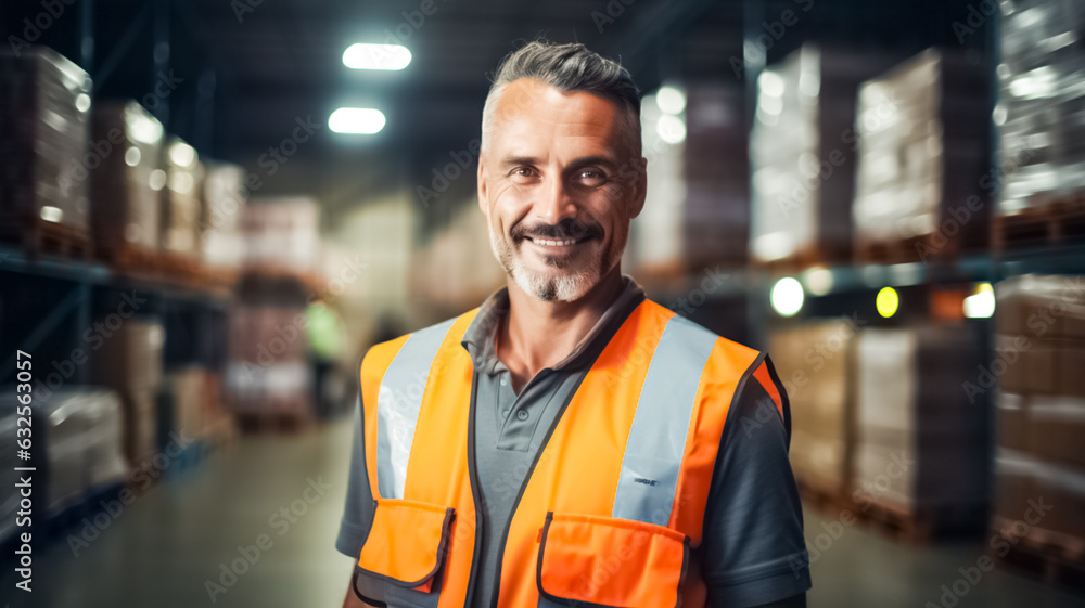 Smiling portrait of a male supervisor standing in warehouse looking at camera.
Smiling portrait of a male supervisor standing in warehouse looking at camera.