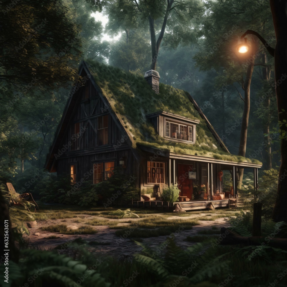 Cozy Wooden House in the Woods: Warm Glow of Home and Shining Street Light. A charming and welcoming scene amidst the tranquil forest. Generative AI. Cozy Wooden House in the Woods: Warm Glow of Home and Shining Street Light. A charming and welcoming scene amidst the tranquil forest. Generative AI.