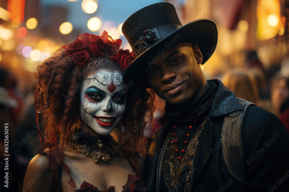 Multi ethnic middle-aged friends went to the Halloween parade. Man and woman with makeup dressed up in Halloween costumes. Generated Ai Multi ethnic middle-aged friends went to the Halloween parade. Man and woman with makeup dressed up in Halloween costumes. Generated Ai
