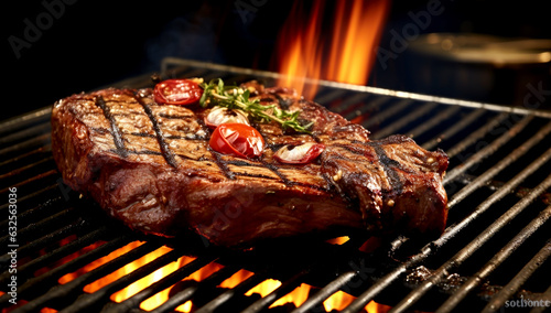 Flying beef steaks over flaming grill grid, isolated on black background. Barbecue and cooking. AI Generated