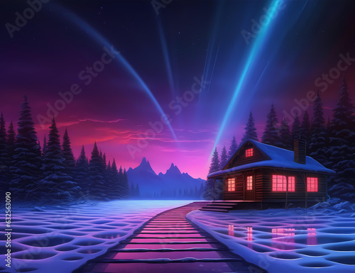 Serene Wooden House Amidst Snowy Landscape with Northern Lights. A picturesque scene of tranquility and natural wonder. Generative AI.