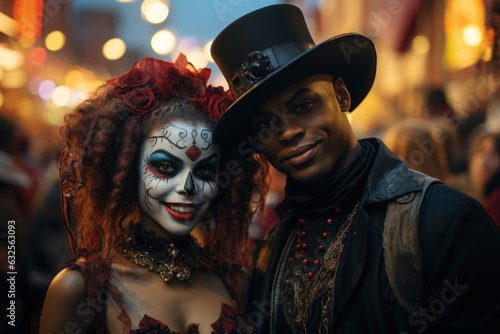 Multi ethnic middle-aged friends went to the Halloween parade. Man and woman with makeup dressed up in Halloween costumes. Generated Ai © ABCreative