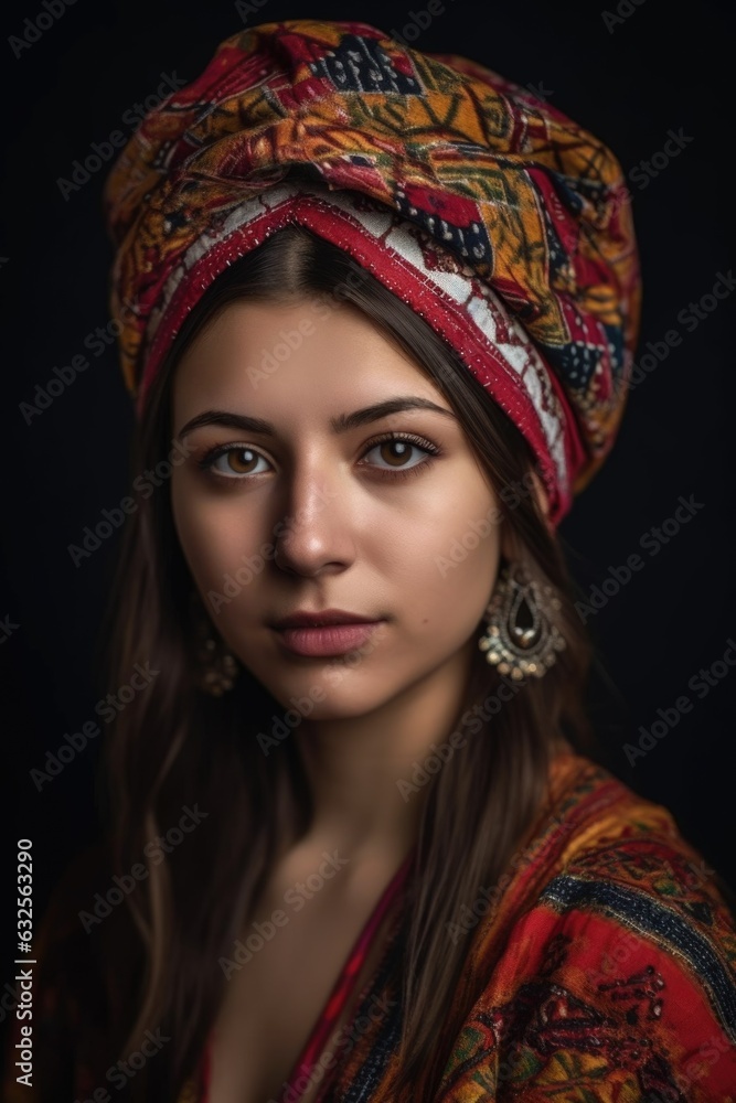 portrait of a beautiful young woman wearing traditional headwear